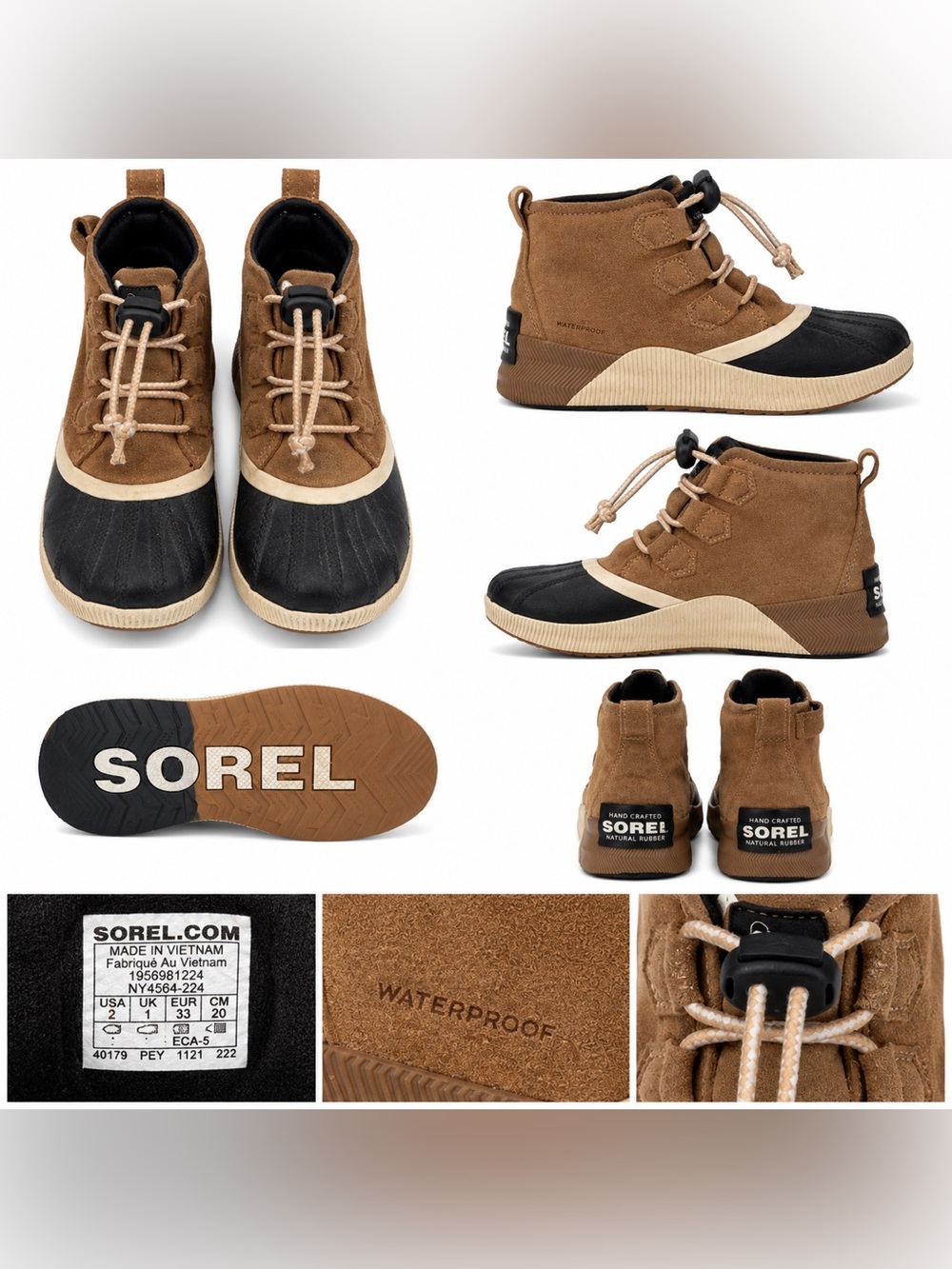Sorel Youth Waterproof Duck Boots Brown & Black Size 2 Cozy Slip-On Winter Boots
